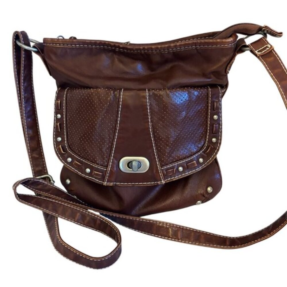 Vintage Brown Faux Leather Bronze Turn Key Latch Rivets Crossbody Handbag